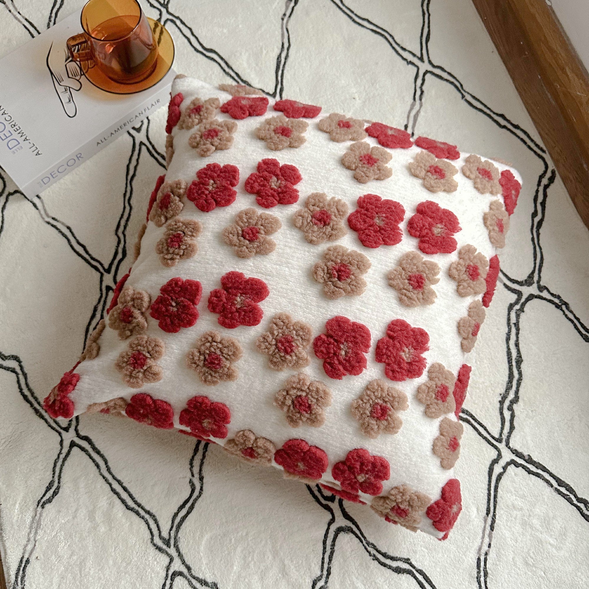 Cute Red Floral Daisy Pattern Square 18x18 Throw Pillows Covers