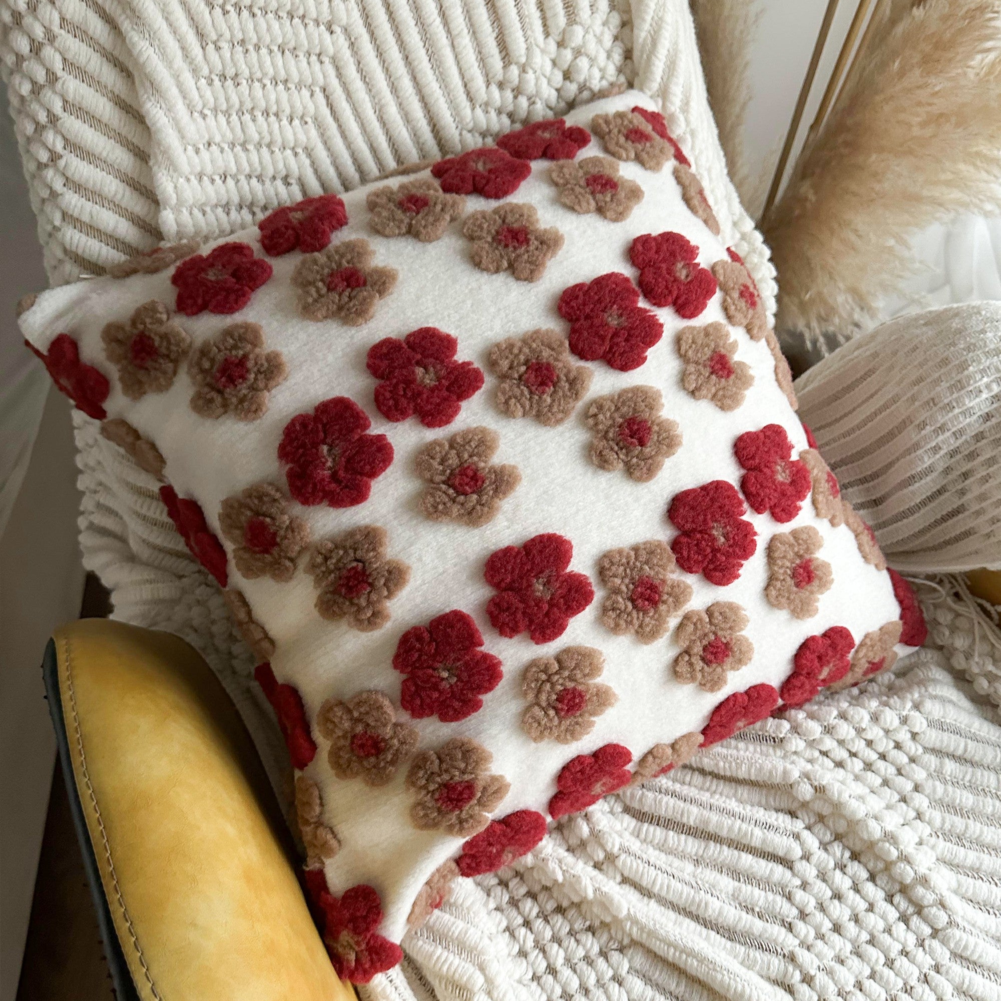 Cute Red Floral Daisy Pattern Square 18x18 Throw Pillows Covers