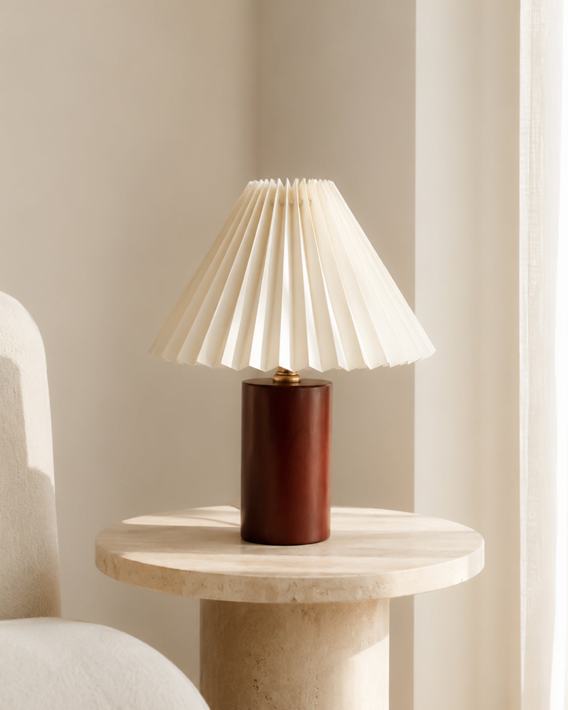 Walnut-tone table lamp in a quiet reading corner