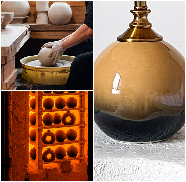Ceramic vessels, lighting, books, and textiles styled together.