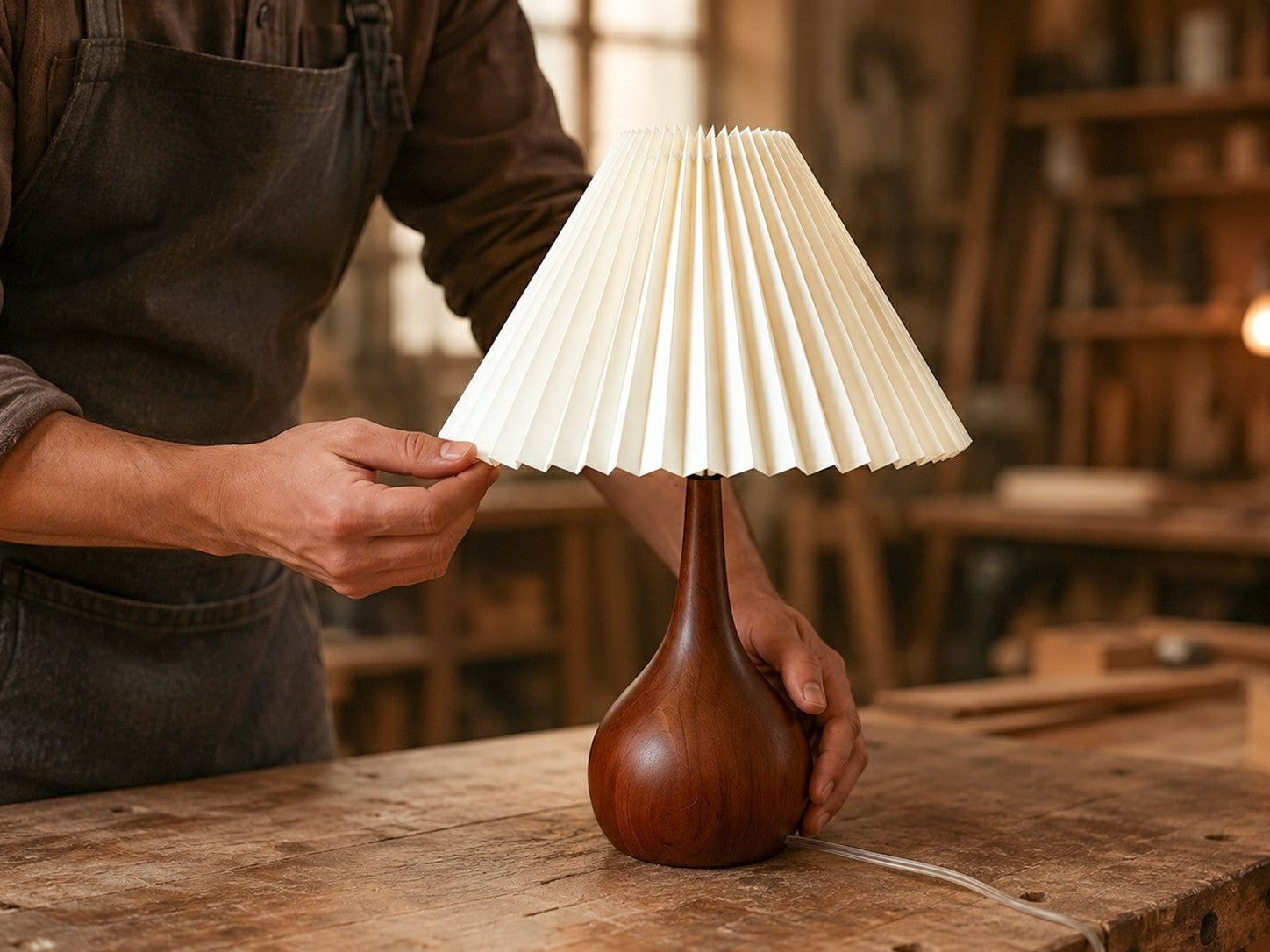 Concept image showing completed walnut-tone lamps under review