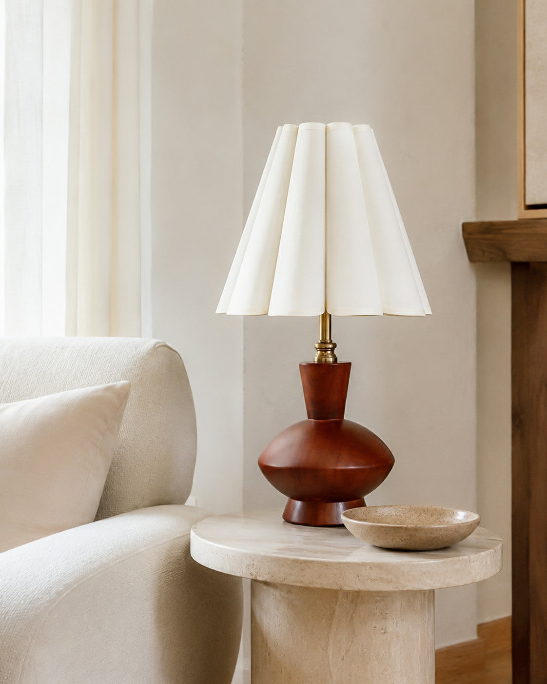 Walnut-tone table lamp on a living room side table