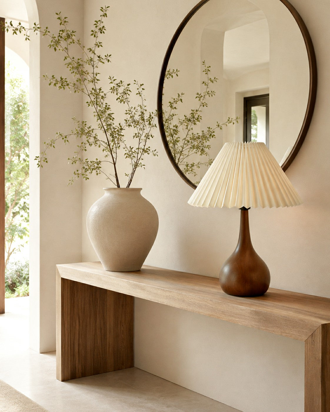 Walnut-tone table lamp on an entryway console