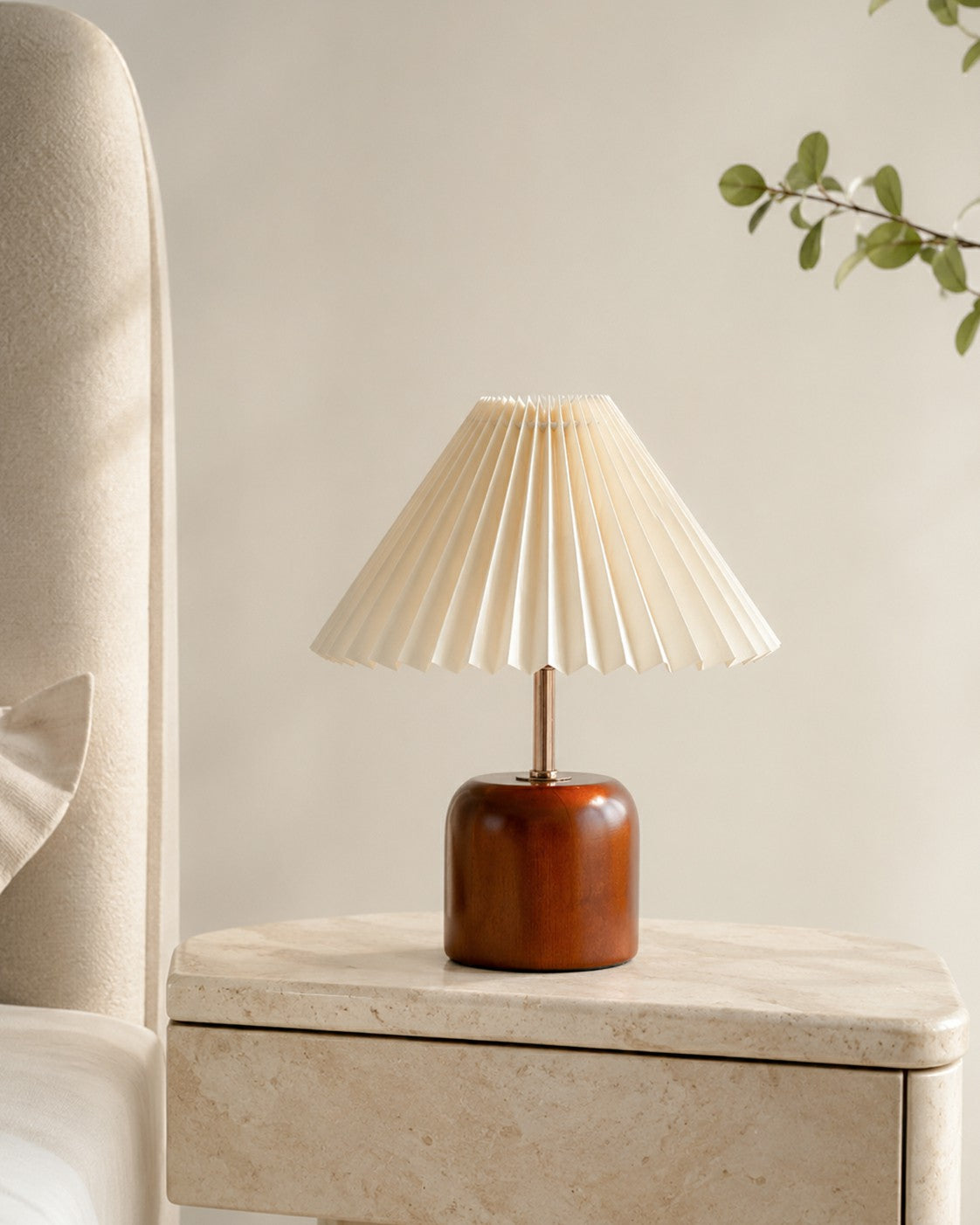 Cylvara compact wood table lamp with cream pleated conical shade