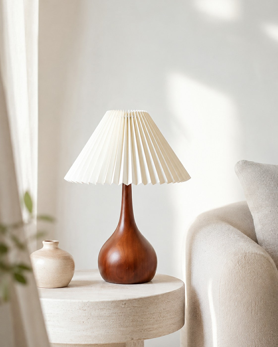 Cylvara compact wood table lamp with cream pleated conical shade