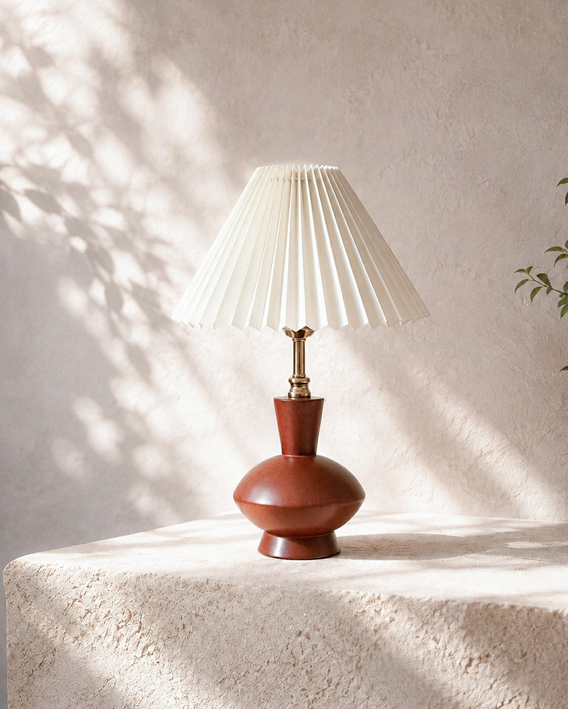 Complete walnut-tone lamp showing shade and base proportions