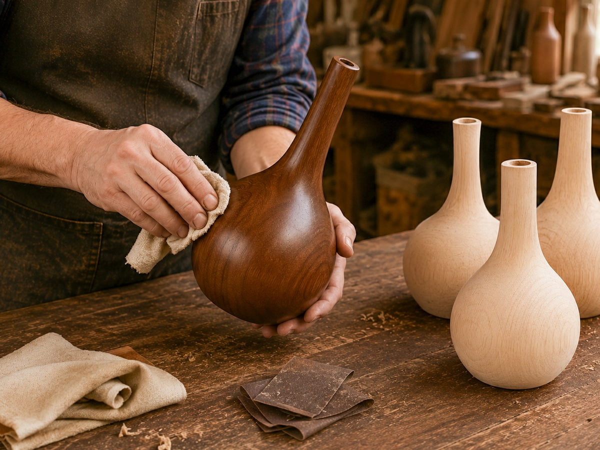 Concept image showing the surface of a walnut-tone lamp base being refined