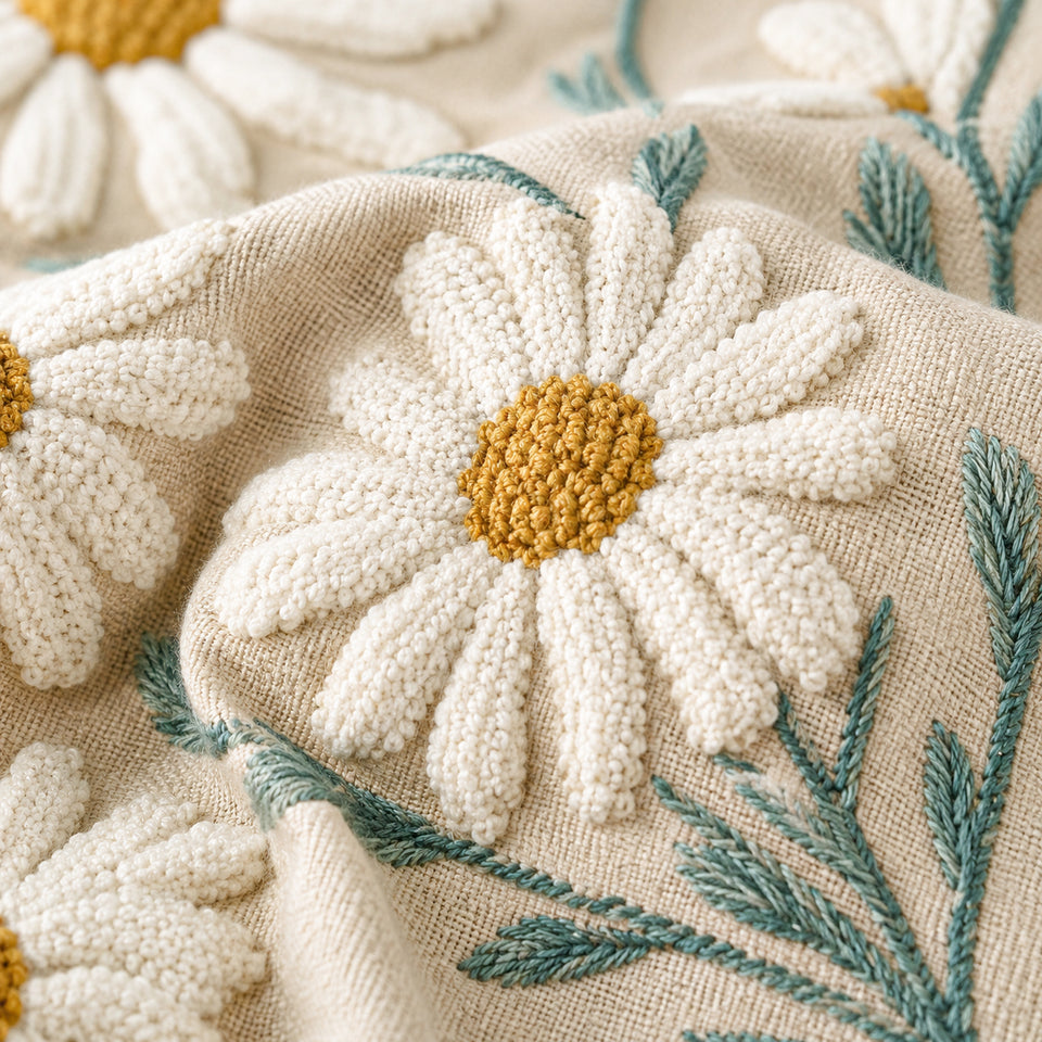 A close view of textured decorative textile work.